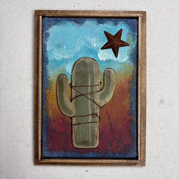 Mixed Media Wall Art Saguaro Cactus Scene Sunset Stars Desert Wood Arizona 6 x 8 - Picture 1 of 4